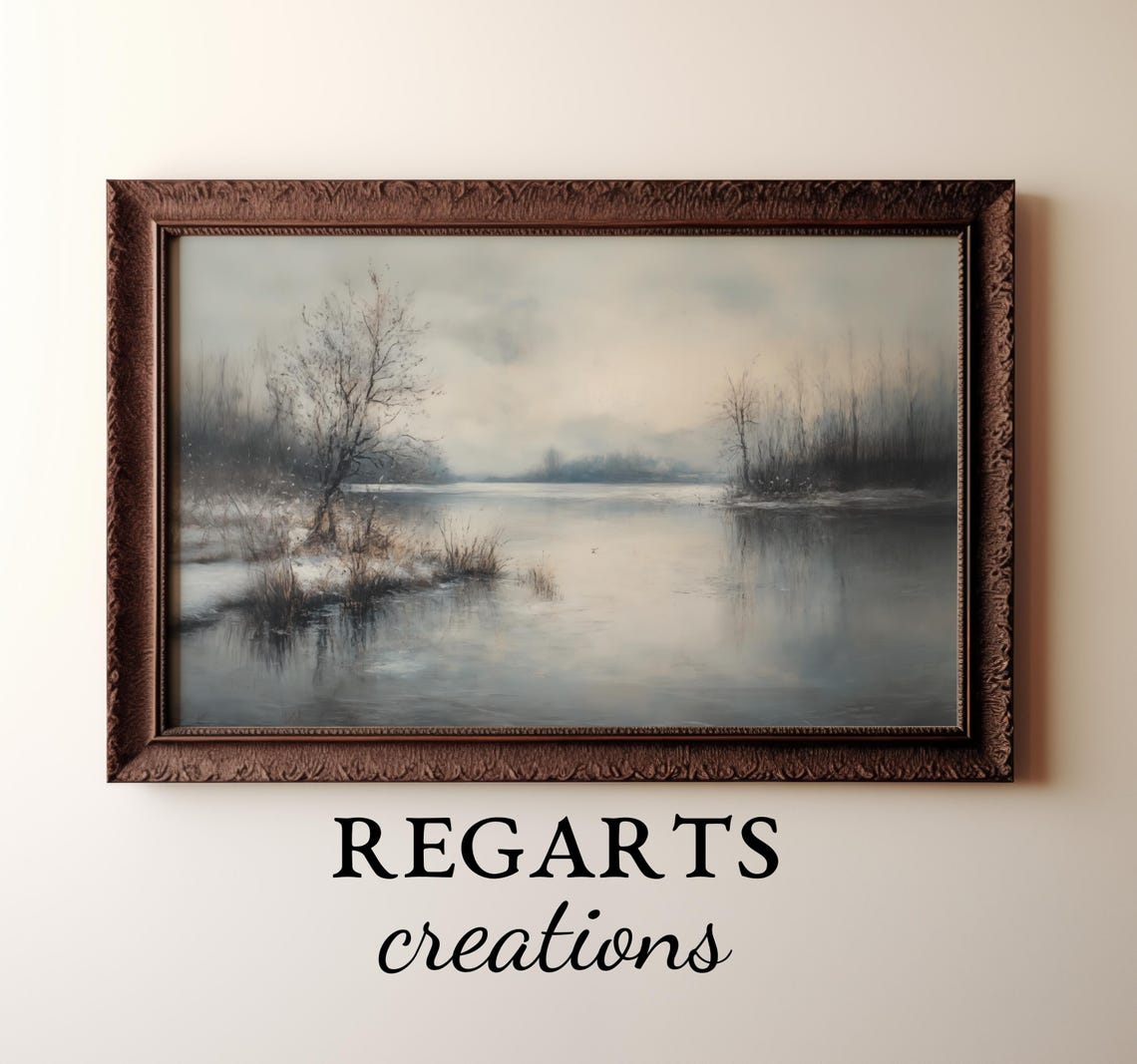 Misty Winter Lake With Bare Trees Antique Style Landscape Poster - Image 2