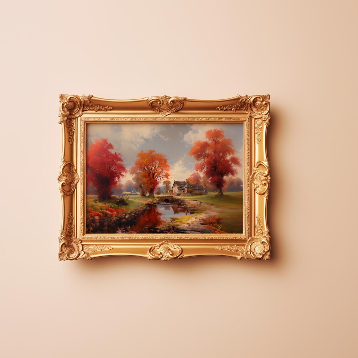 Autumn Village Painting Red Trees By Pond Cottage Scene Poster - Image 5