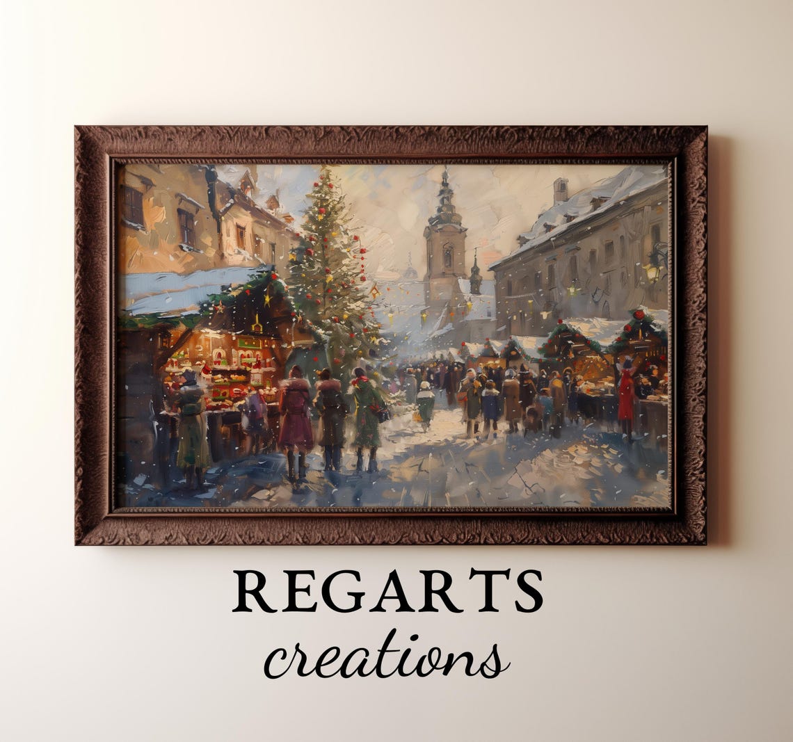 Antique Oil Painting European Christmas Market In Cozy Village Square Snowy Holiday Scene Art Regarts - Image 3