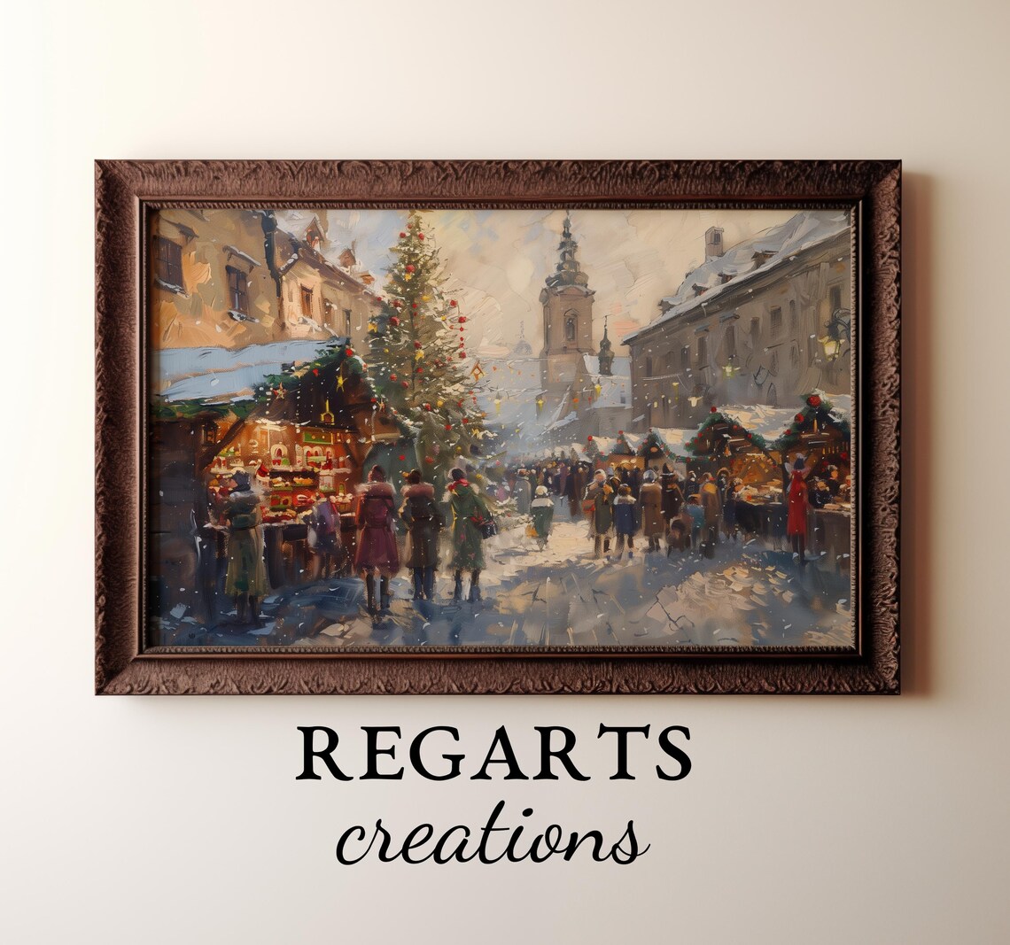 European Christmas Market Crowd Snowy Church Tower Holiday Poster - Image 3
