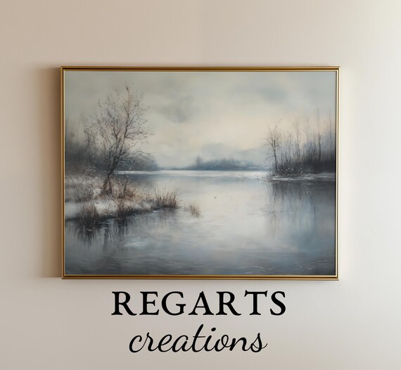 Misty Winter Lake With Bare Trees Antique Style Landscape Poster