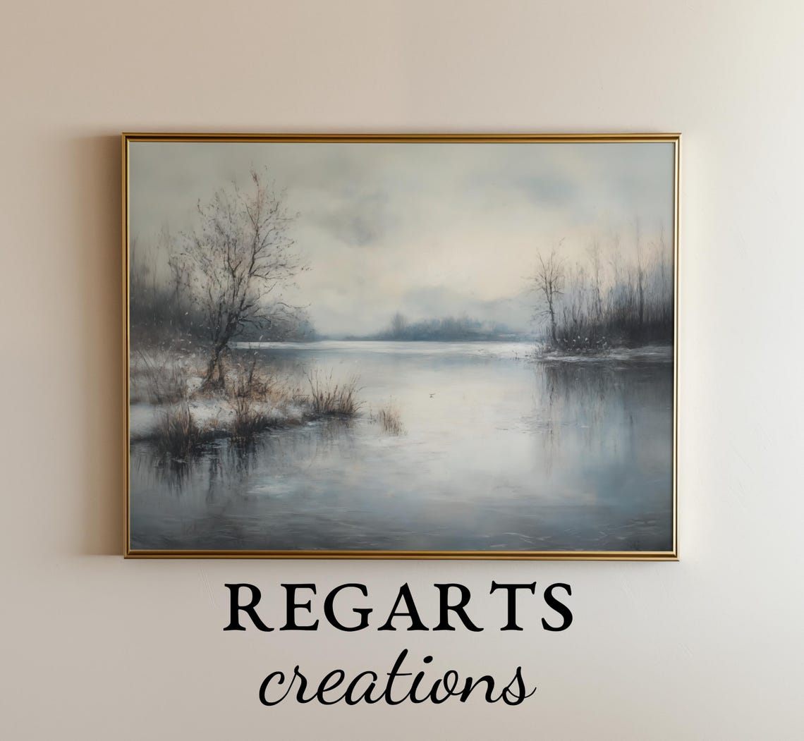 Misty Winter Lake With Bare Trees Antique Style Landscape Poster