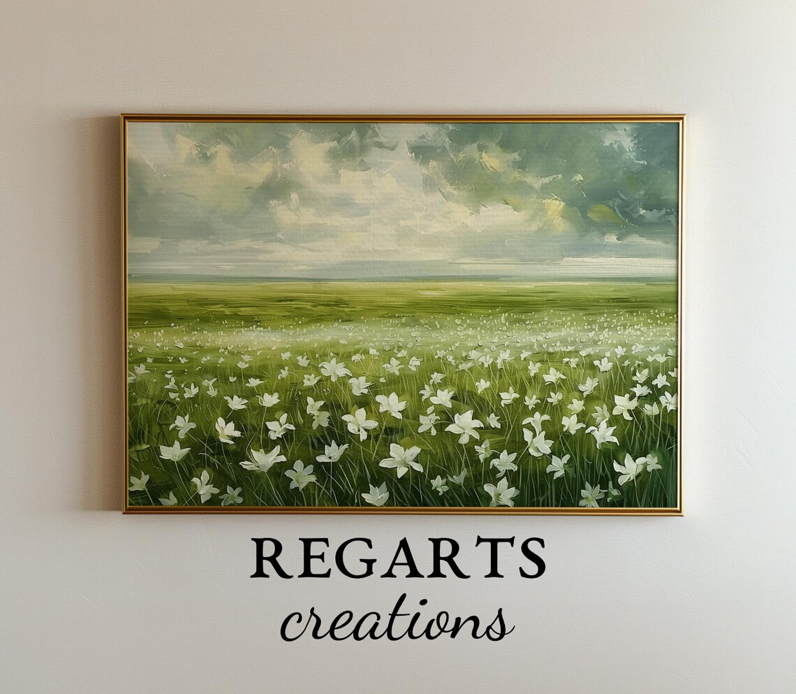 White Wildflower Field Painting Serene Green Meadow Landscape Poster