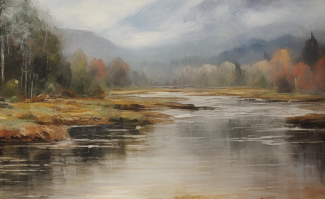 Moody Autumn Lake Painting Pines And Mountains Misty Scene Poster - Image 3