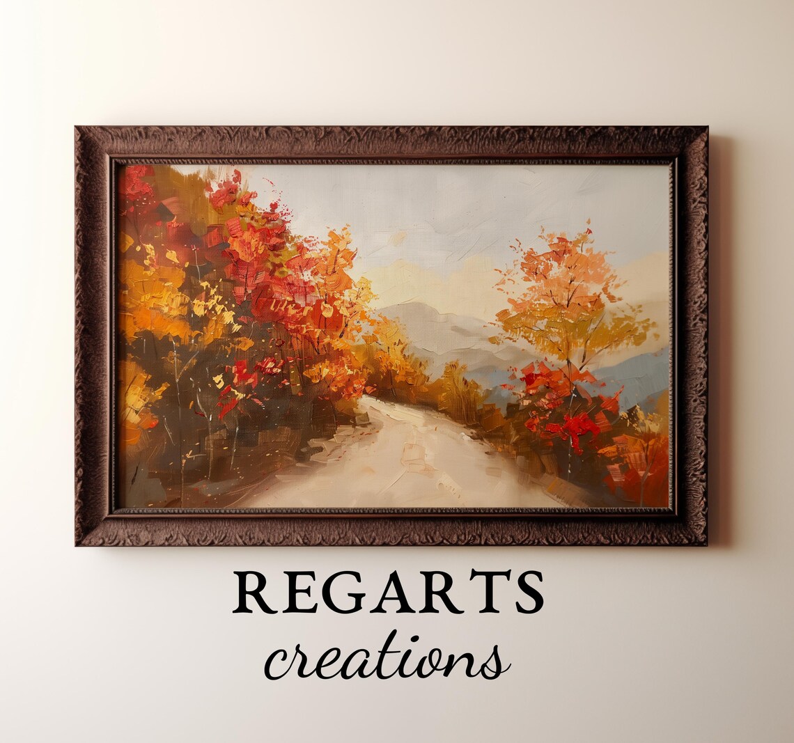 Autumn Mountain Road Painting Golden Leaves Sunlit Forest Poster - Image 2