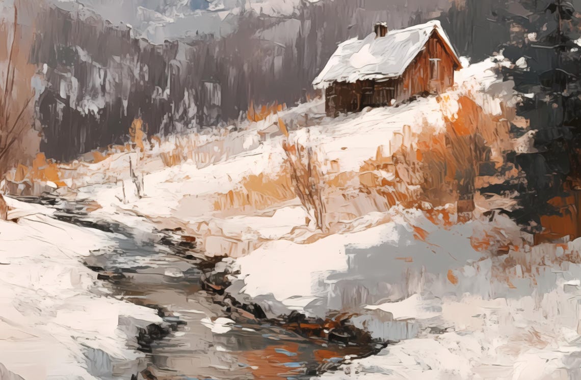 Snowy Mountain Cabin Stream Winter Peaks Rustic Lodge Scene Poster - Image 3