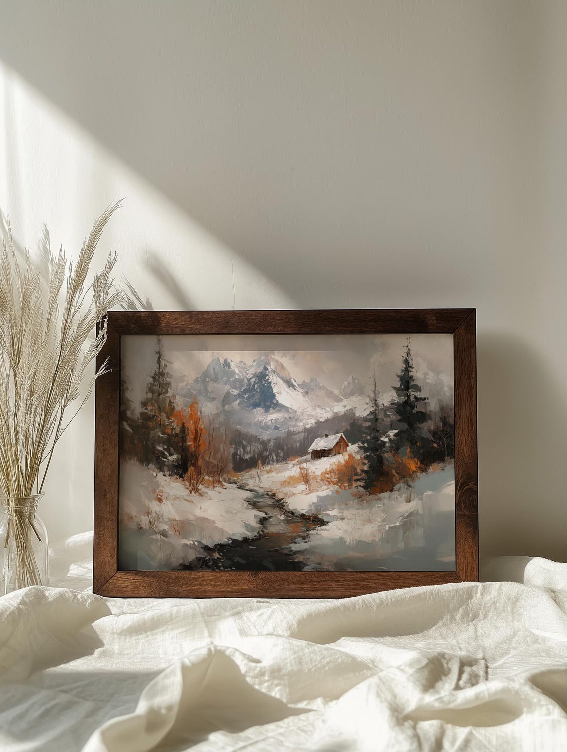 Snowy Mountain Cabin Stream Winter Peaks Rustic Lodge Scene Poster - Image 7