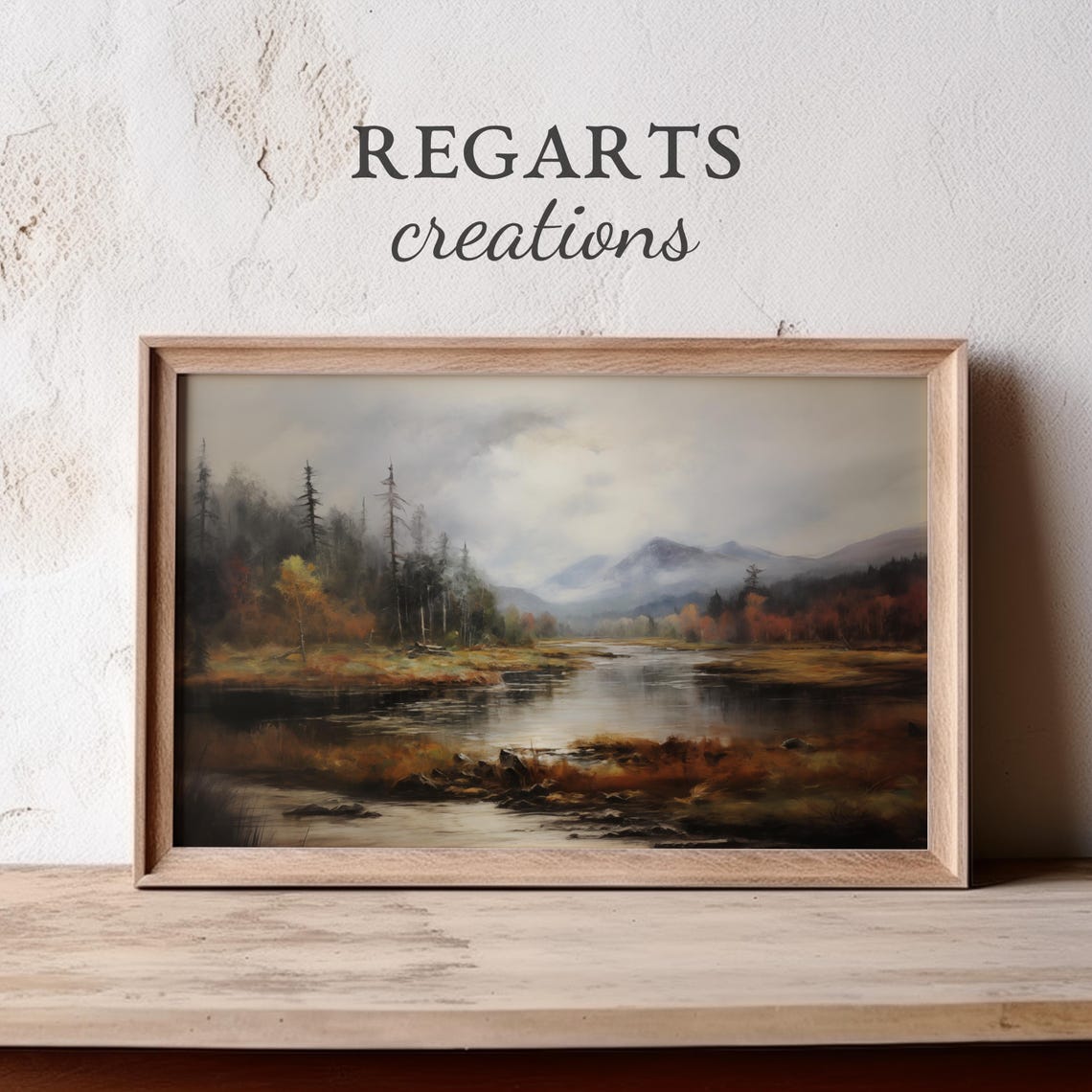Moody Autumn Lake Painting Pines And Mountains Misty Scene Poster