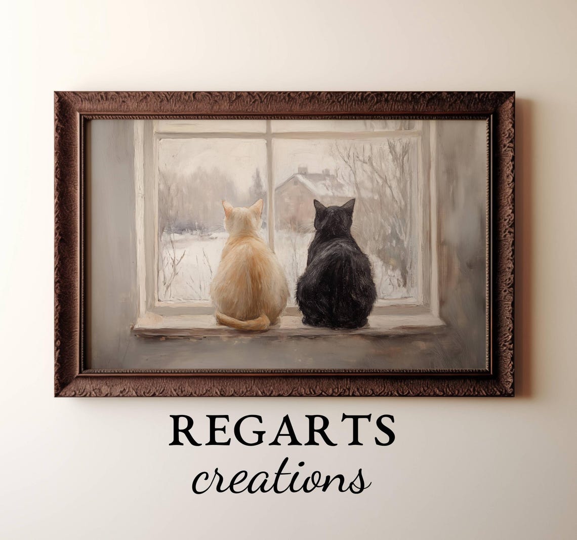 Two Cats At Winter Window Snowy Cottage View Cozy Feline Poster - Image 3