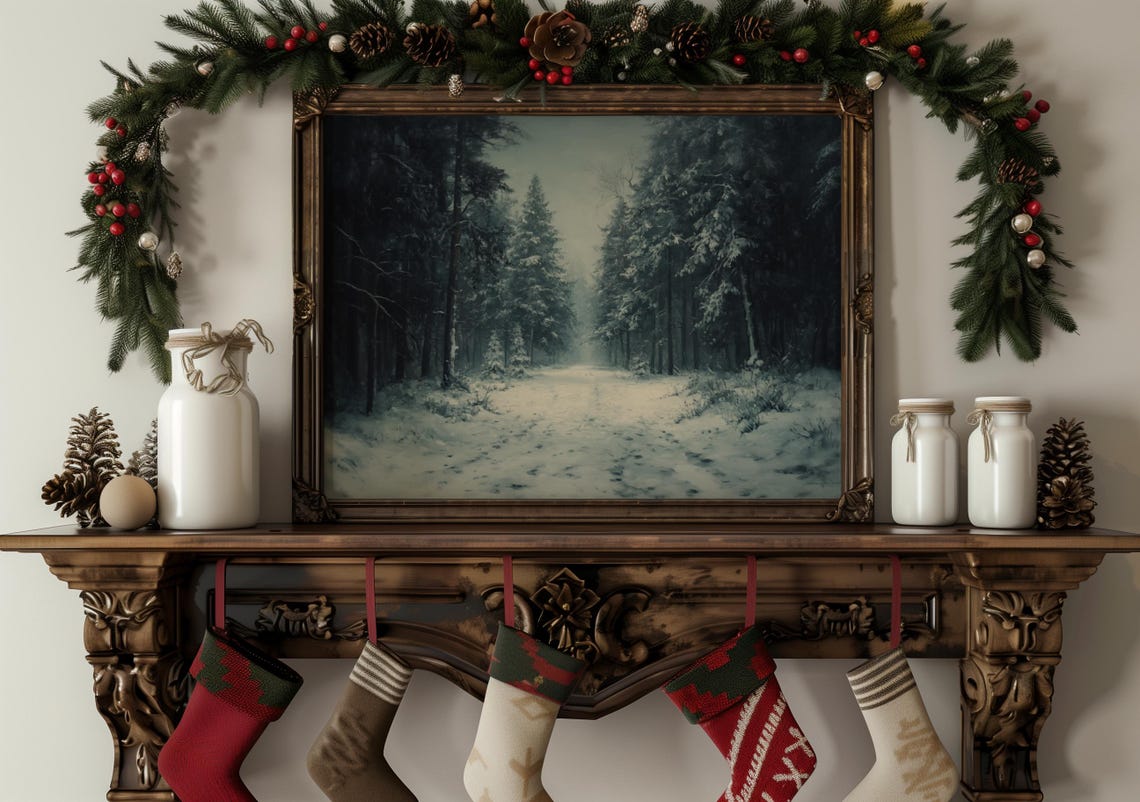 Winter Pine Forest Painting Snowy Path Cozy Rustic Scene Poster