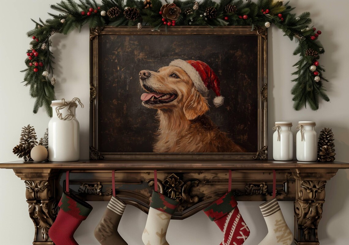 Golden Retriever Wearing Santa Hat Happy Christmas Dog Painting Poster