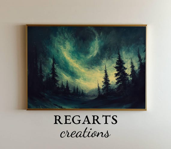 Antique Oil Painting Northern Lights Pine Trees Regarts