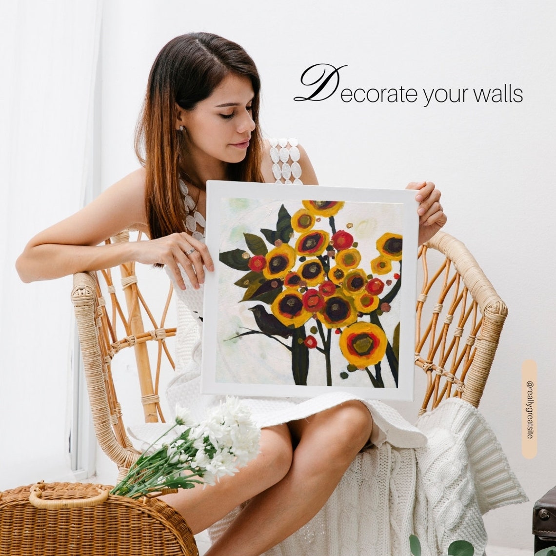 Yellow Abstract Sunflower Blooms with Small Black Bird Art Poster - Image 2