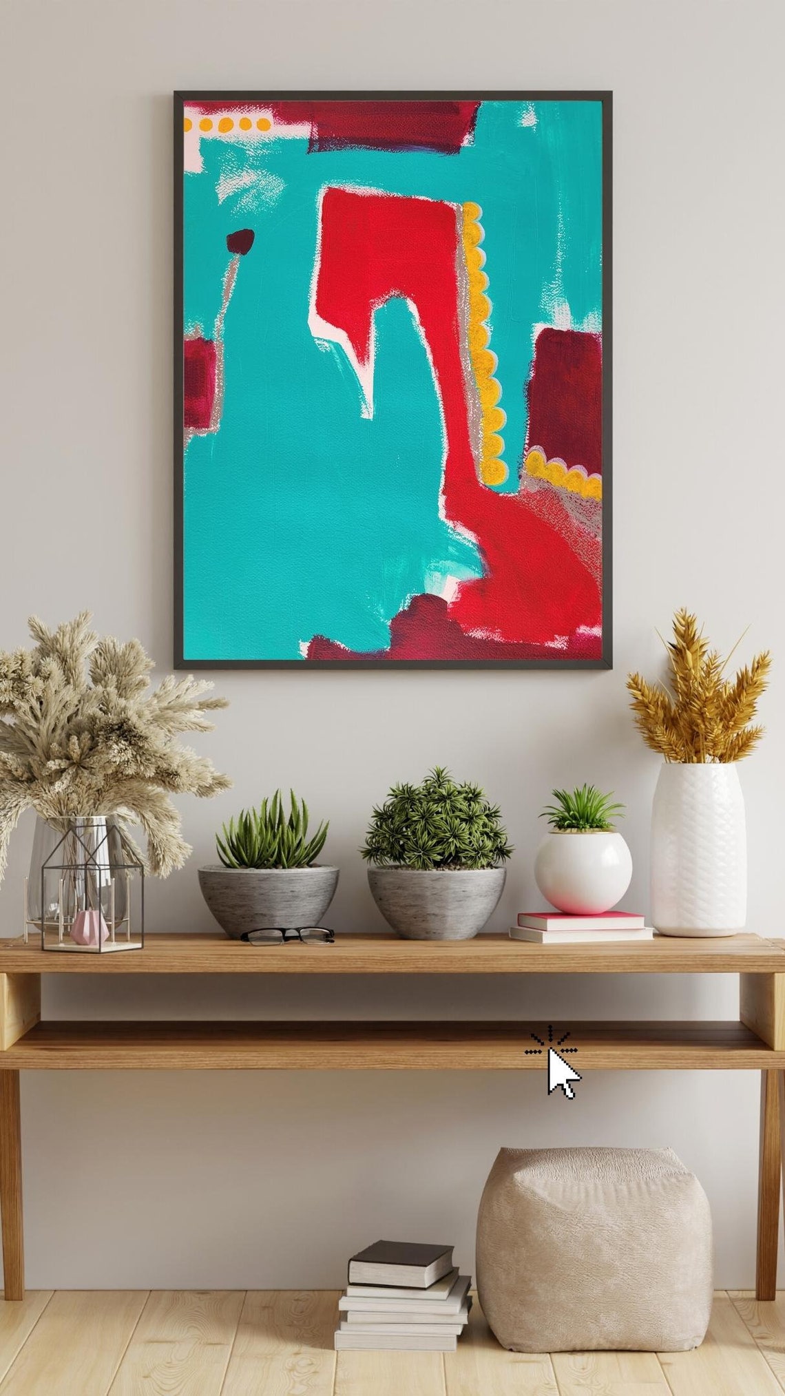 Bold Red Blocks Floating on Vivid Turquoise Field Modern Art Poster - Image 2