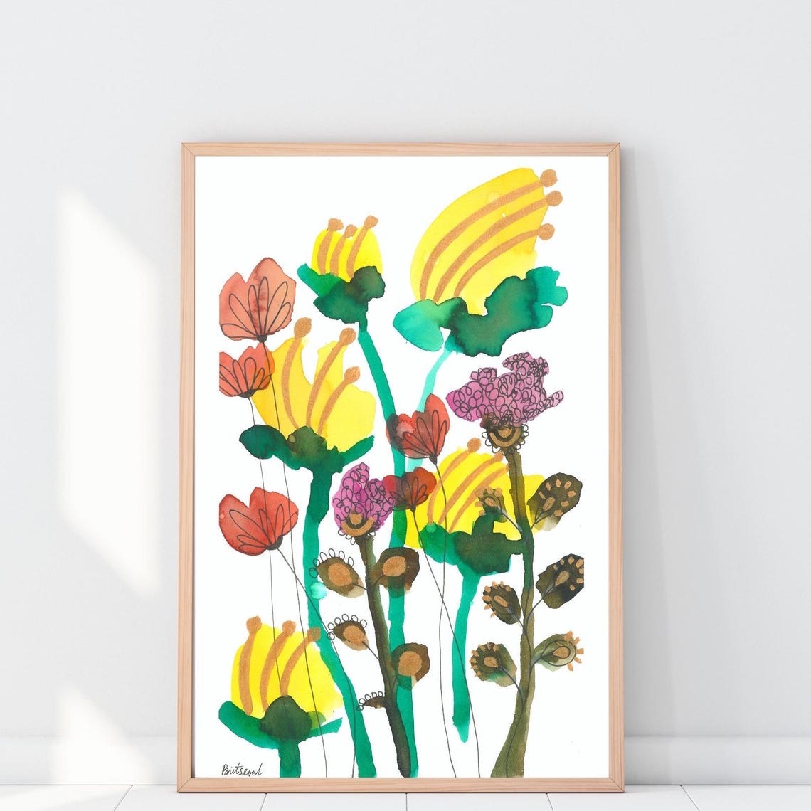 Whimsical Yellow and Coral Wildflowers Slender Stems Watercolor Poster - Image 3