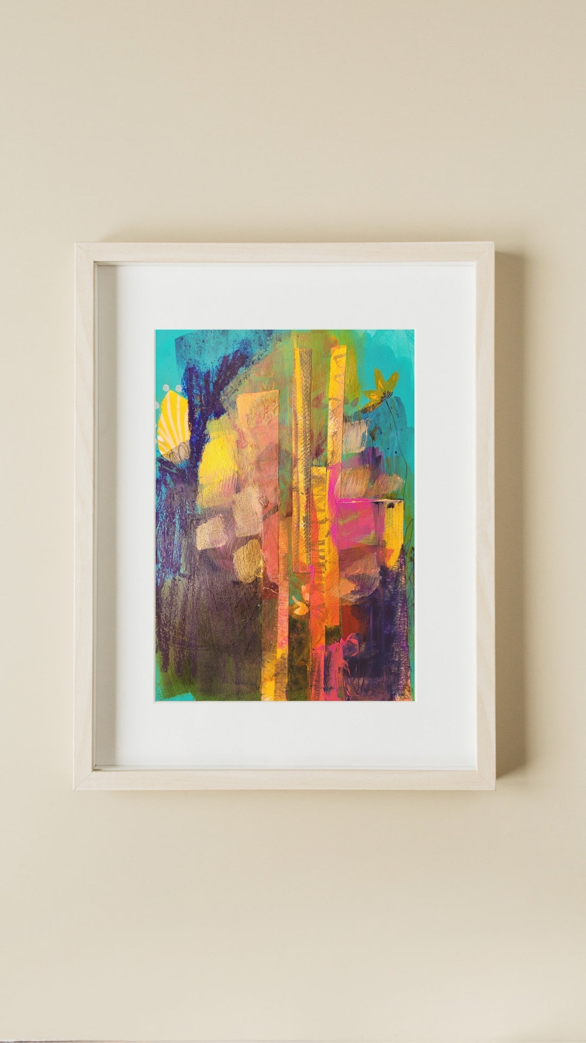 Colorful Abstract Columns of Gold Pink on Turquoise Modern Poster