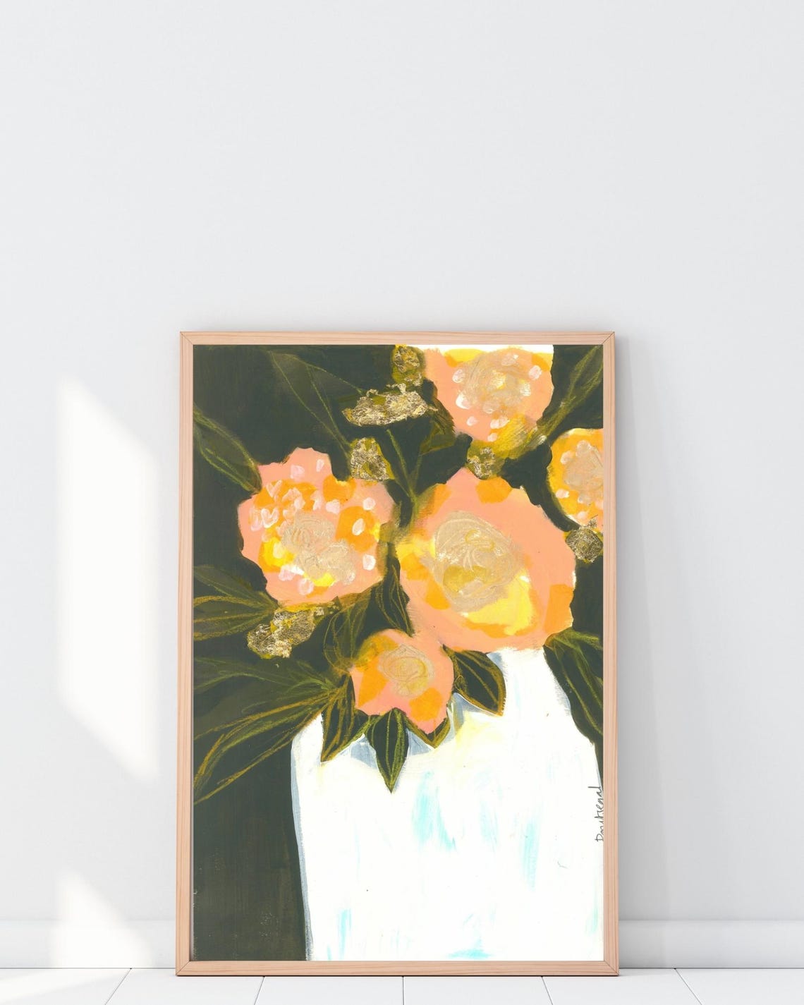 Romantic Peach Blossoms Bouquet In White Vase Floral Art Poster - Image 3