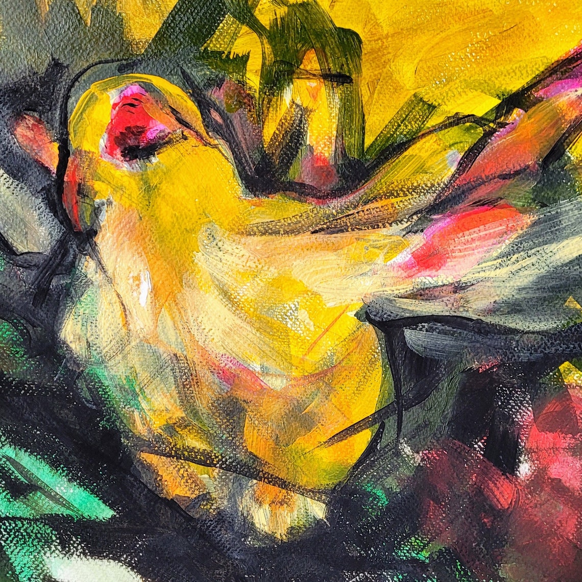 Expressive Yellow Bird Perched on Dark Branch Bold Acrylic Art Poster - Image 2