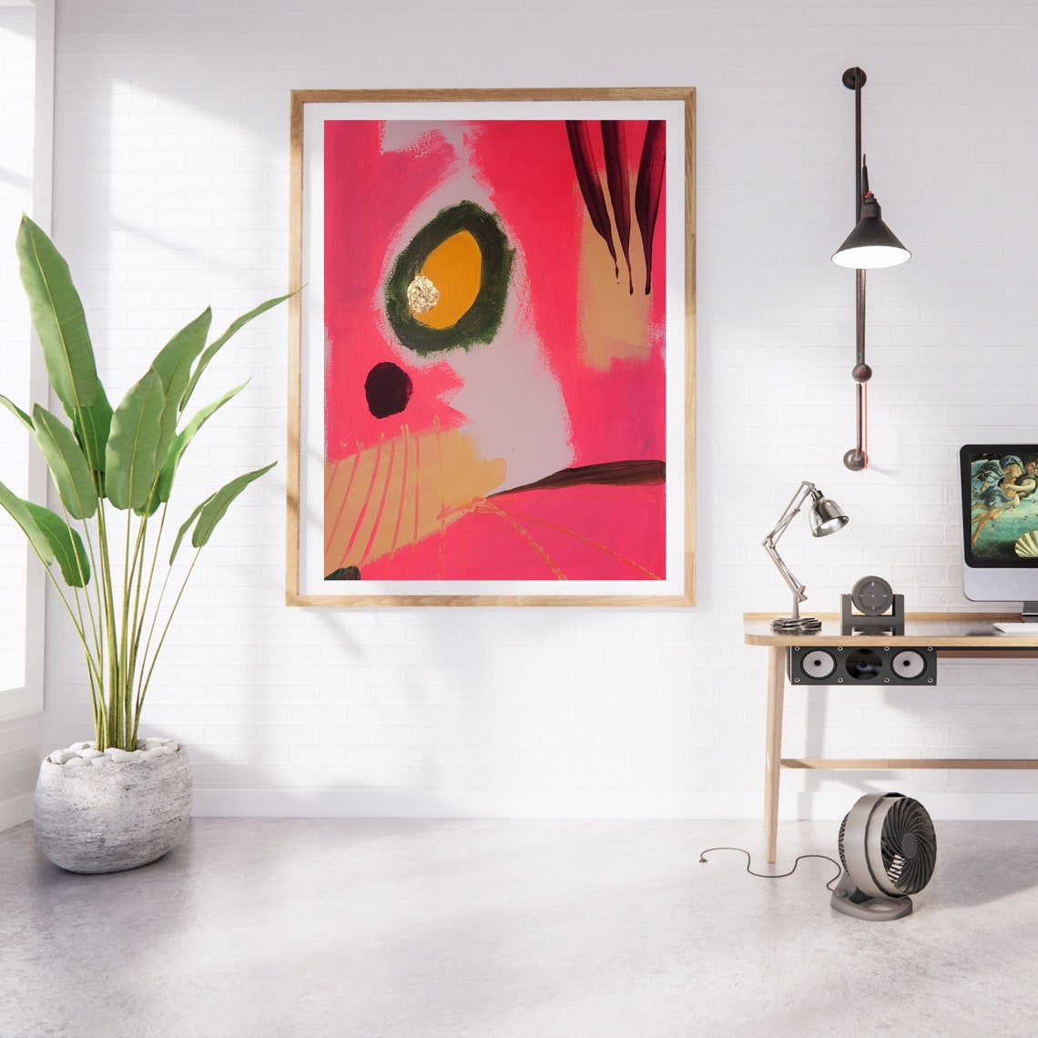 Bold Hot Pink Abstract With Green And Gold Shapes Art Poster - Image 3