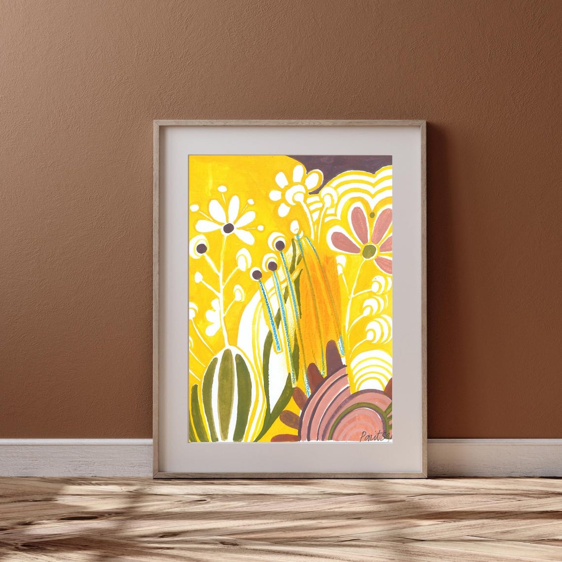 Cheerful Golden Yellow Retro Meadow Wildflowers Decor Poster - Image 3