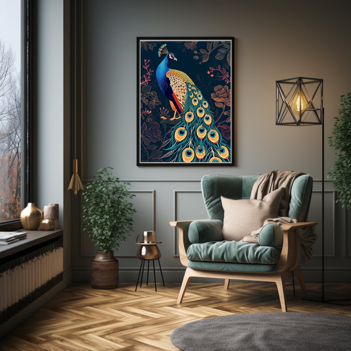 Blue Peacock Feather Print, Exotic Bird Wall Art - Image 2