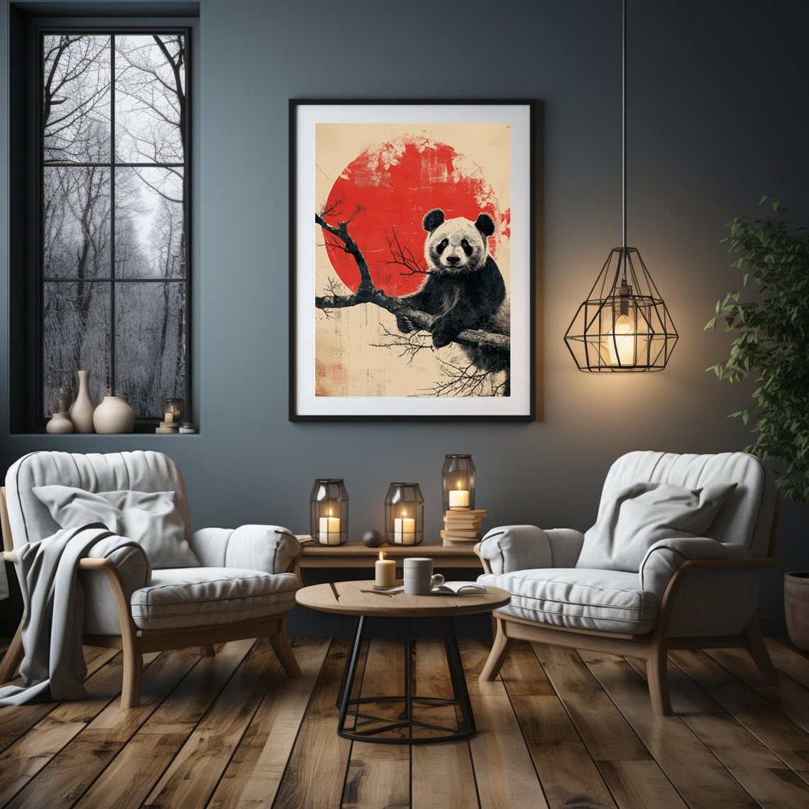 Panda Resting on a Tree Branch Beneath a Bold Red Sun Poster - Image 5