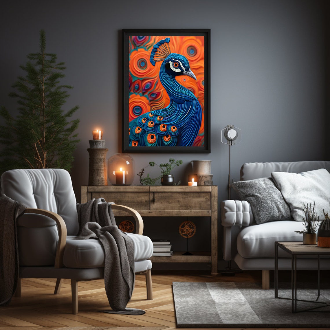 Stylized Blue Peacock Set Against a Swirling Orange Sky Poster - Image 3