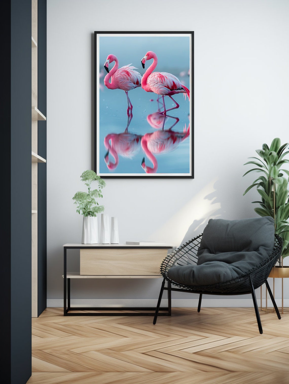 Two Elegant Pink Flamingos Reflected in Calm Turquoise Water Poster - Image 3