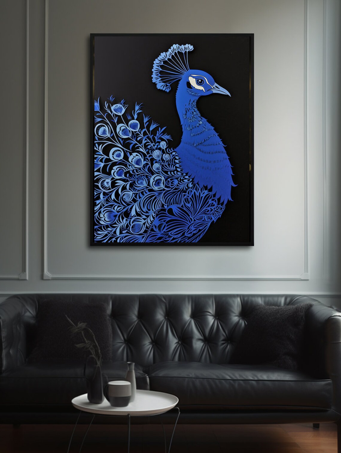 Royal Blue Peacock in Intricate Paper Cut Silhouette on Black Poster - Image 3
