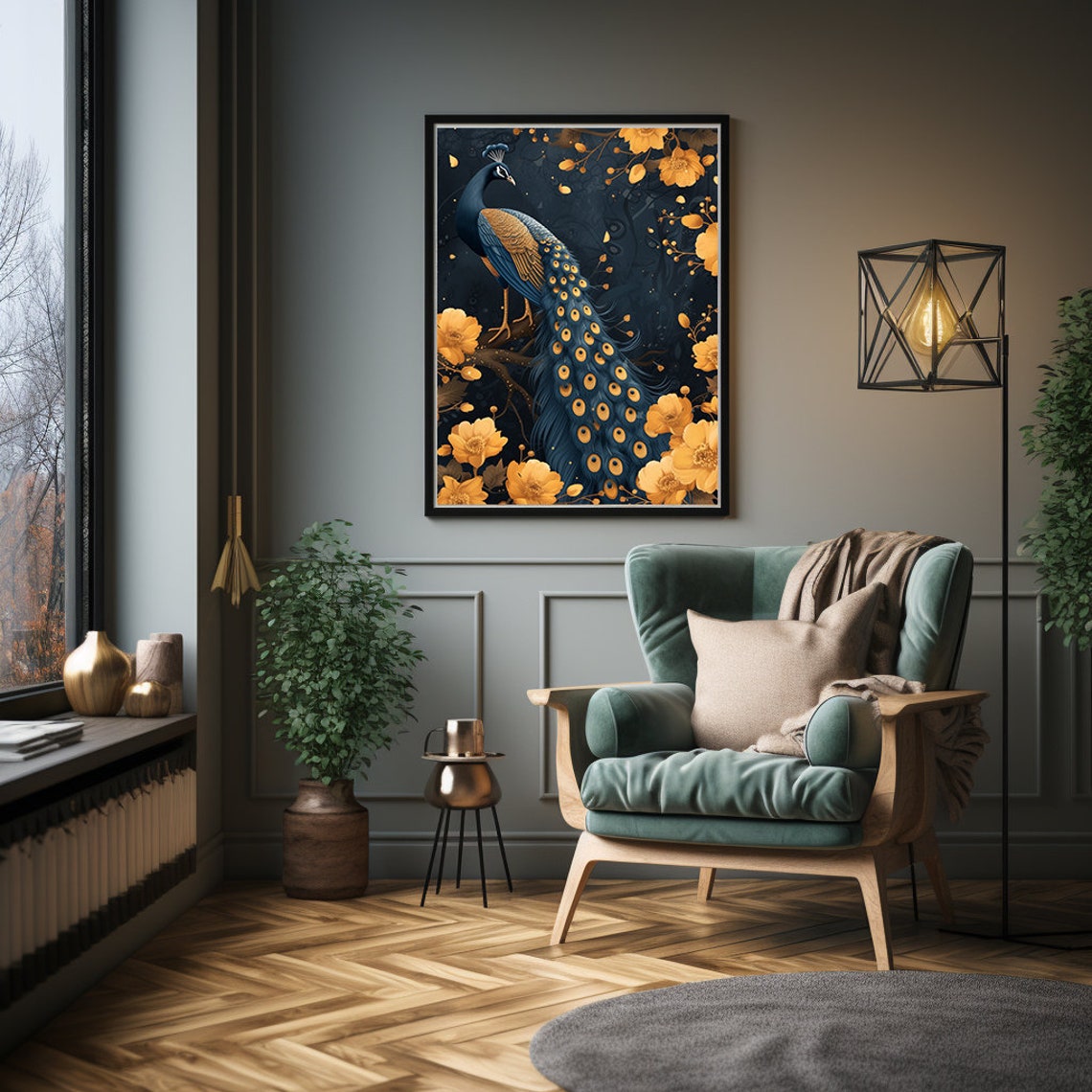 Peacock With Golden Blossoms Glowing on Midnight Navy Poster - Image 4