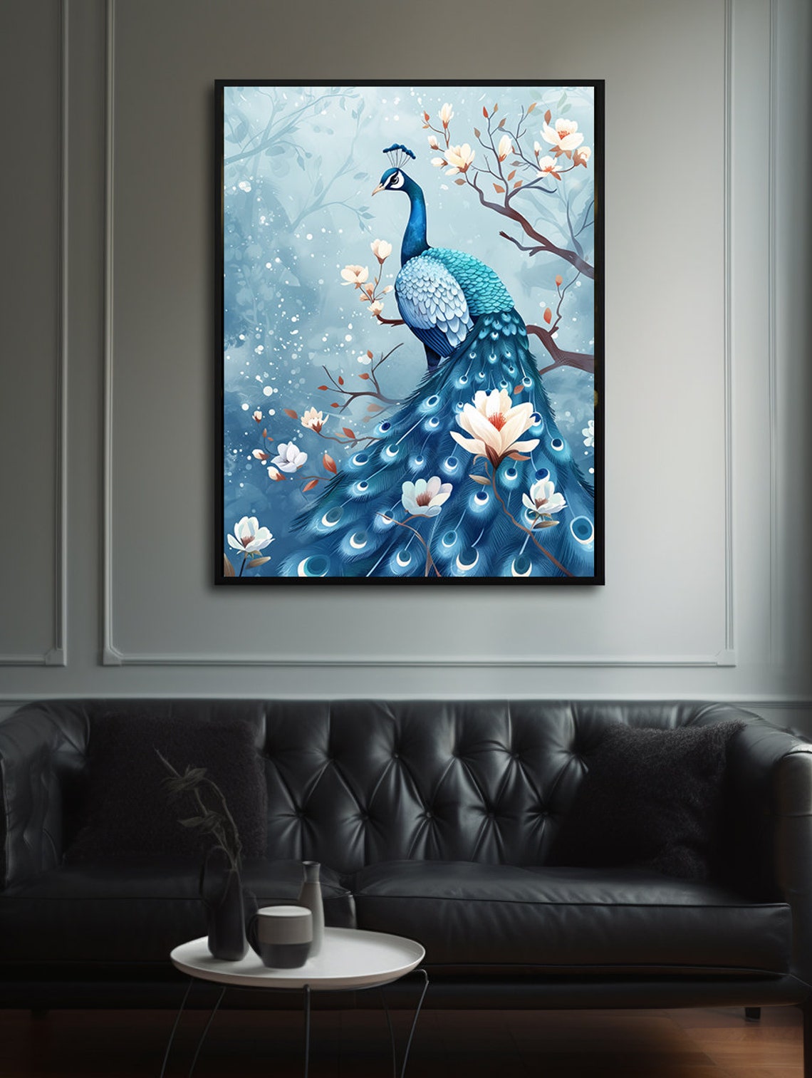 Blue Peacock Perched Among White Blossoms on a Winter Branch Poster