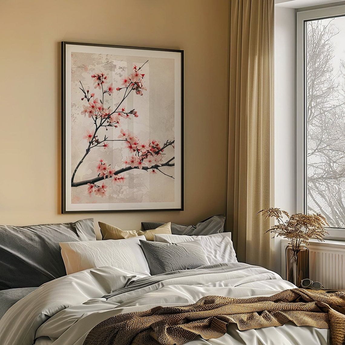 Delicate Pink Cherry Blossom Branch on Soft Vintage Paper Poster - Image 7