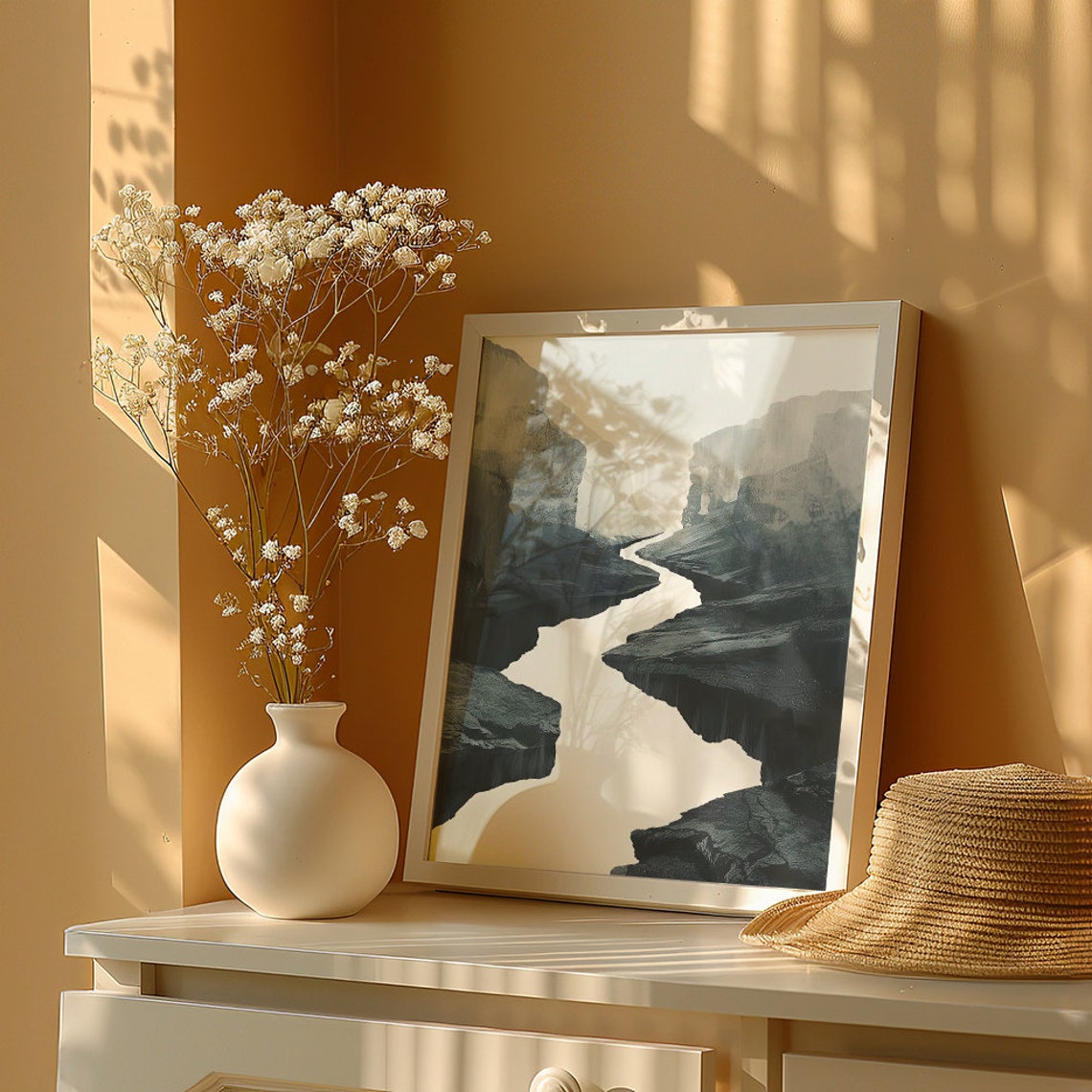 Winding River Flowing Through Dark Cliffs in Ink Wash Poster - Image 6