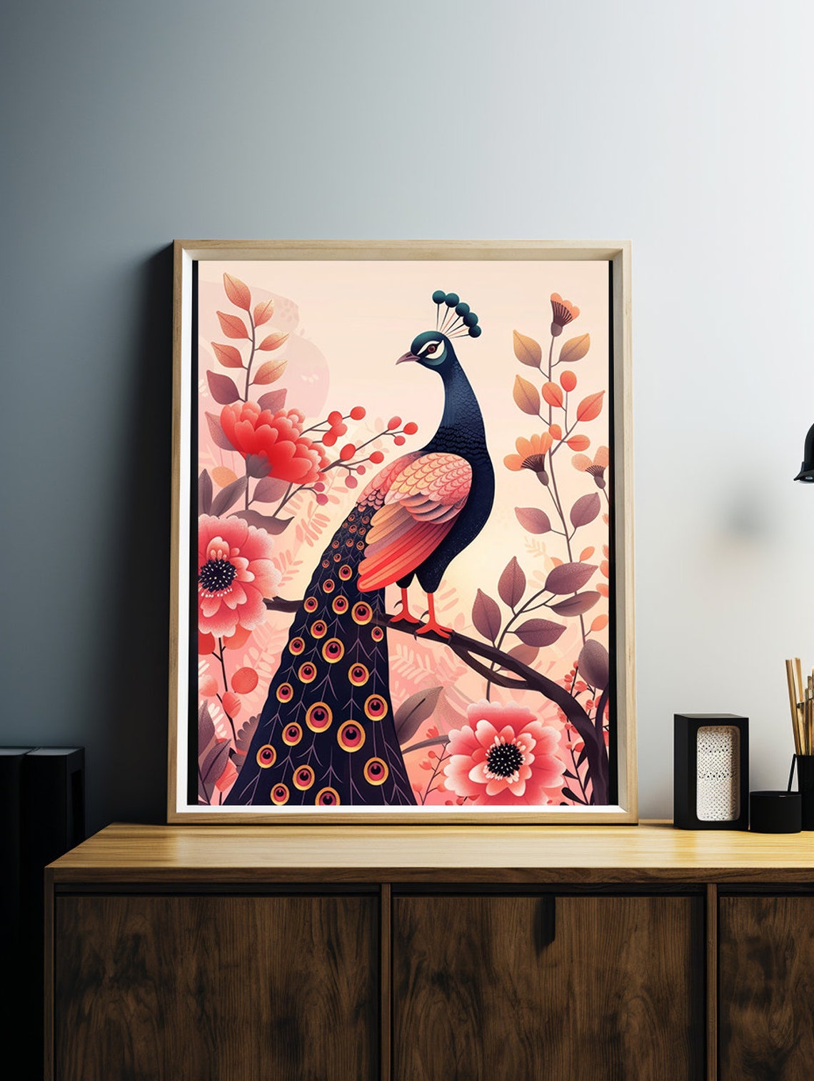Blush Pink Peacock Perched Gracefully Among Pink Roses Poster - Image 5
