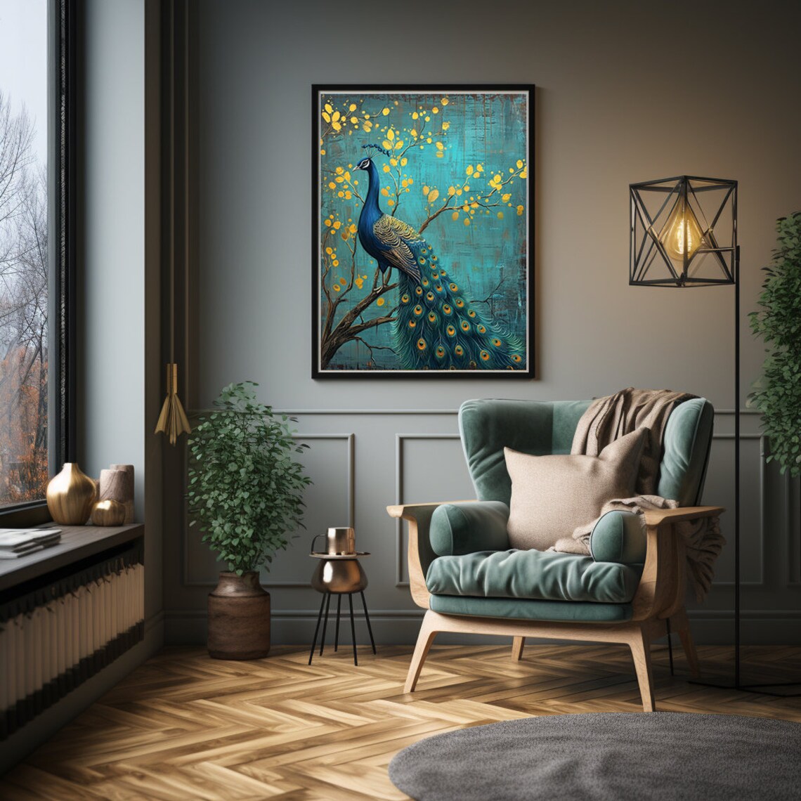 Blue Vintage Peacock Art Print, Art Deco Decor - Image 3