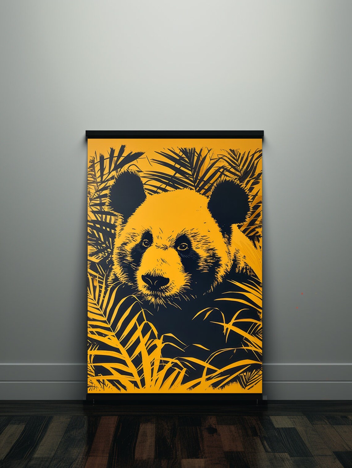 Bold Yellow and Black Pop Art Panda Head in Tropical Leaves Poster - Image 5