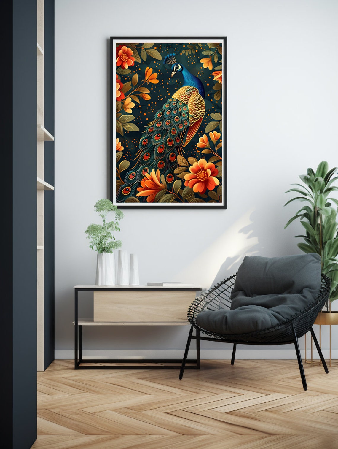 Teal Peacock With Glowing Orange Flowers on Midnight Blue Poster - Image 6