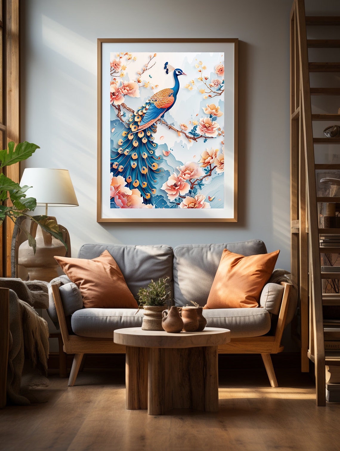 Peacock on a Flowering Branch in Delicate 3D Paper Art Poster - Image 2