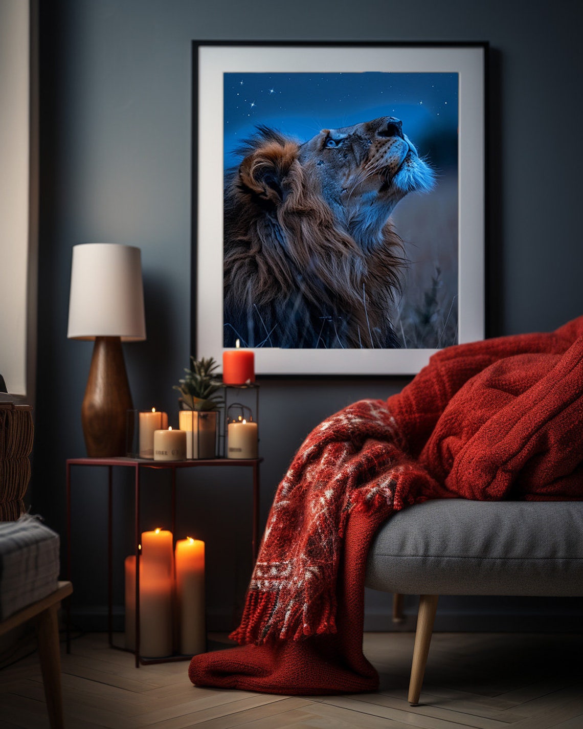Lion Gazing Up at a Sparkling Starry Midnight Blue Night Sky Poster