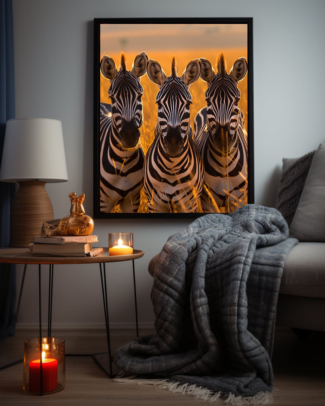 Three Zebras Facing Forward in Glowing Golden Savannah Light Poster - Image 4