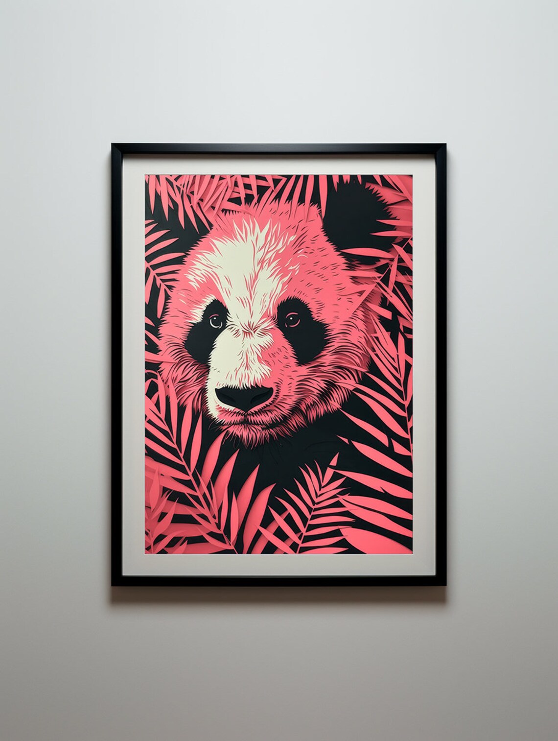 Pink Panda Face Hidden in Tropical Leaves Paper Cut Style Poster - Image 6