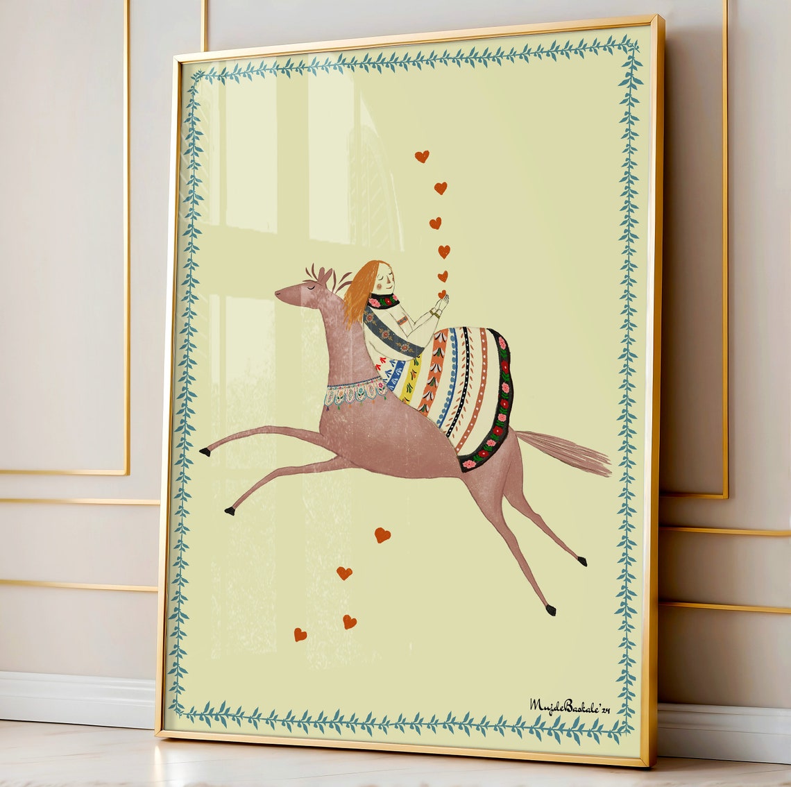 Girl Riding Galloping Horse With Hearts Folk Art Nursery Poster - Image 3
