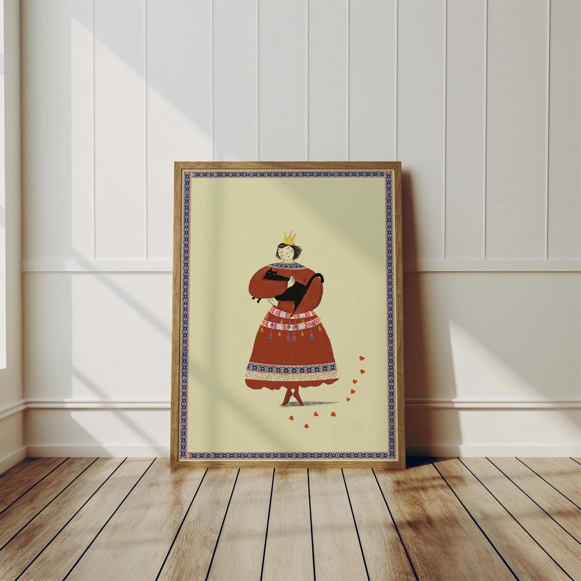 Crown Princess Girl Holding Black Cat Folk Art Nursery Poster