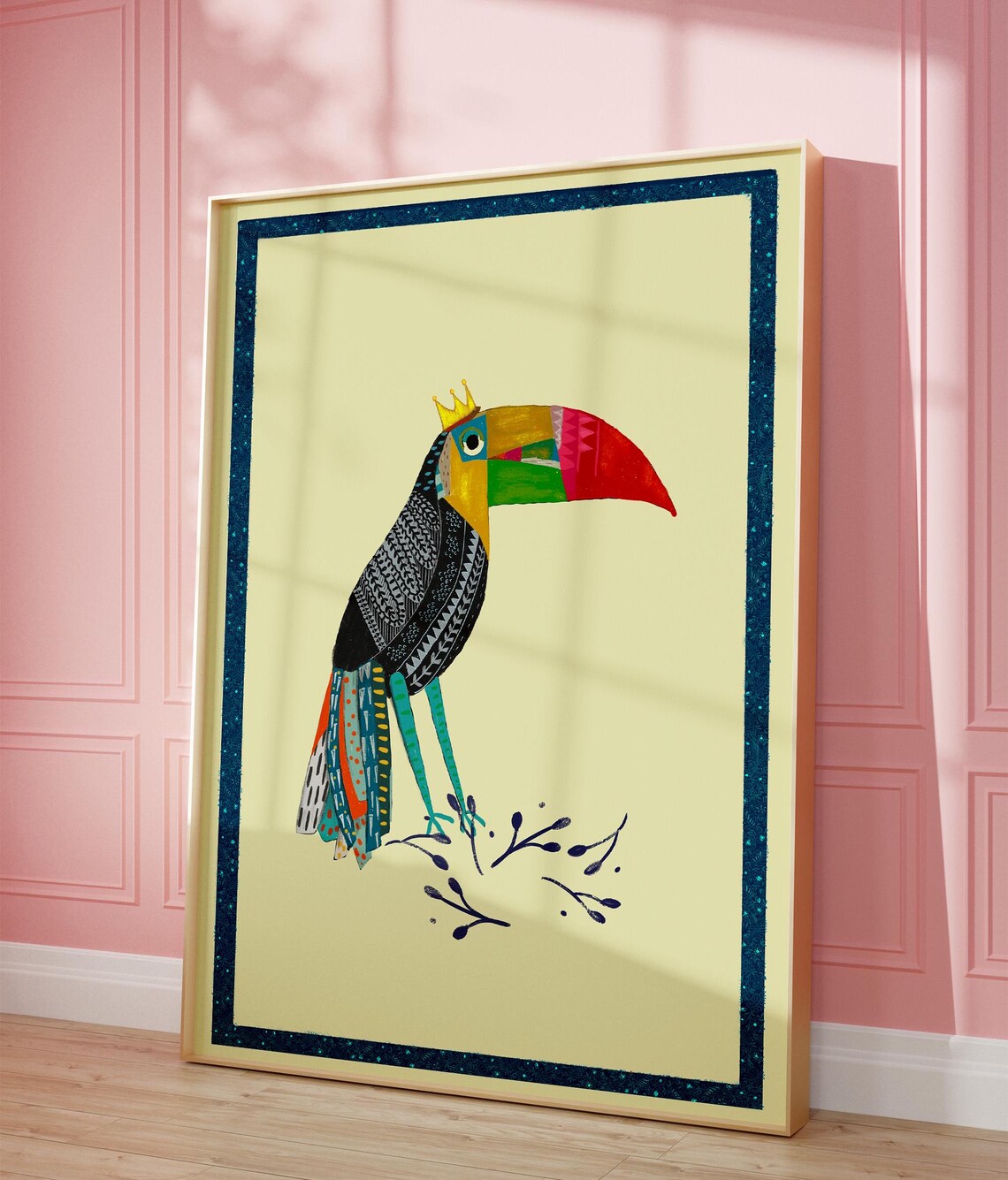 Crowned Toucan Folk Art Print Colorful Tropical Bird Nursery Wall Decor