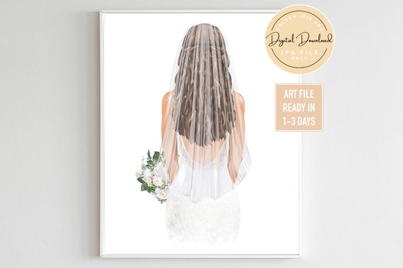 Personalized Bride Back Veil Watercolor Print Custom Wedding Dress Art