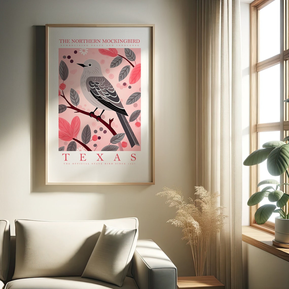 Northern Mockingbird Texas State Bird Pink Floral Illustration Poster