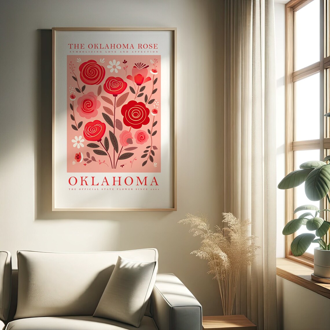 Oklahoma Rose State Flower Love Red Floral Folk Art Bloom Poster