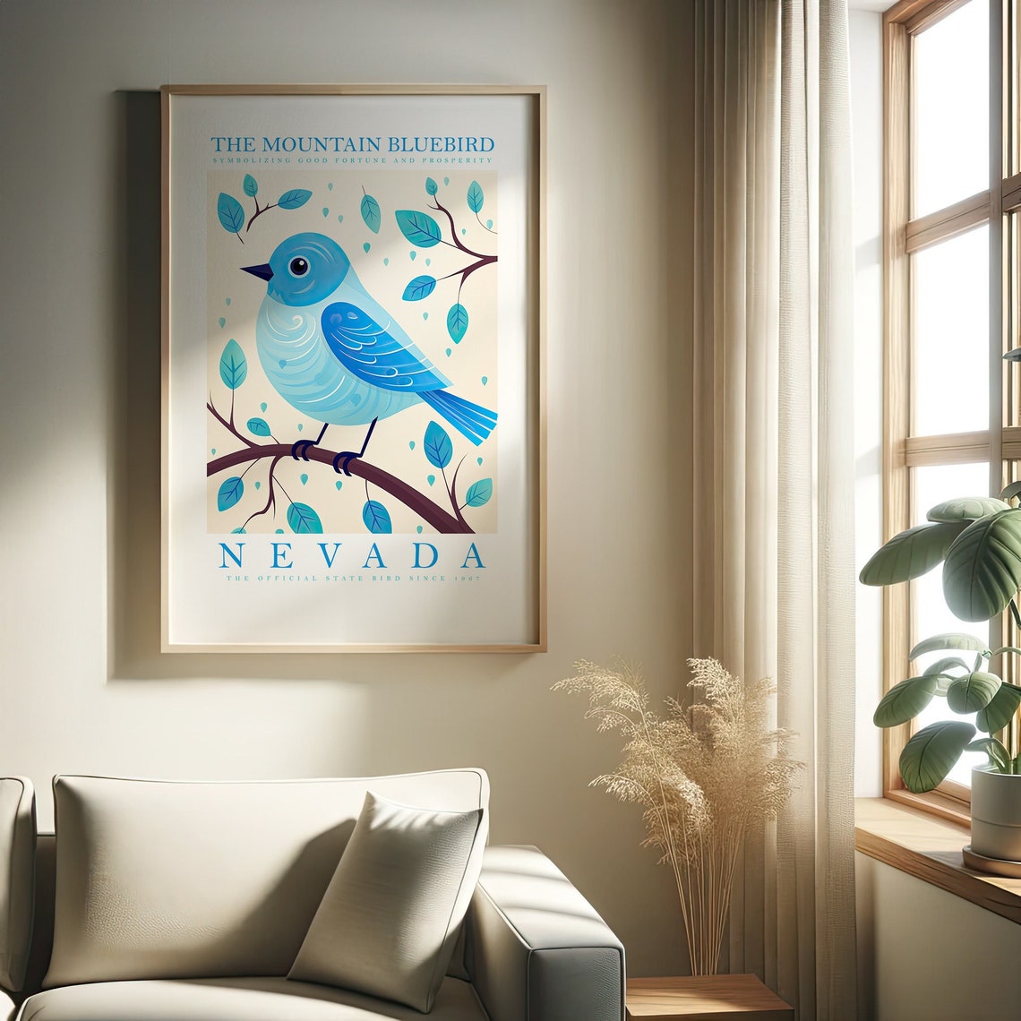 Mountain Bluebird Nevada State Bird Blue Illustrated Folk Art Poster