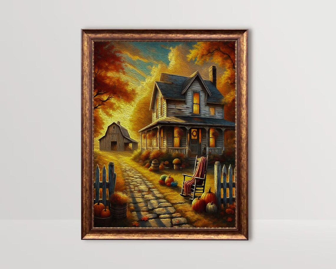 Golden Autumn Farmhouse Pumpkins Harvest Sunset Cozy Fall Poster