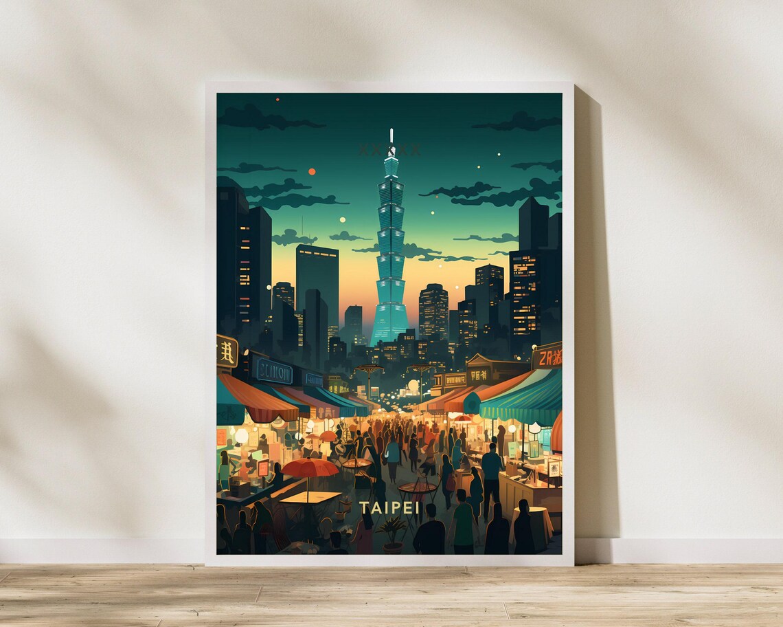 Taipei Taiwan Night Market Beneath Taipei 101 Evening Travel Poster